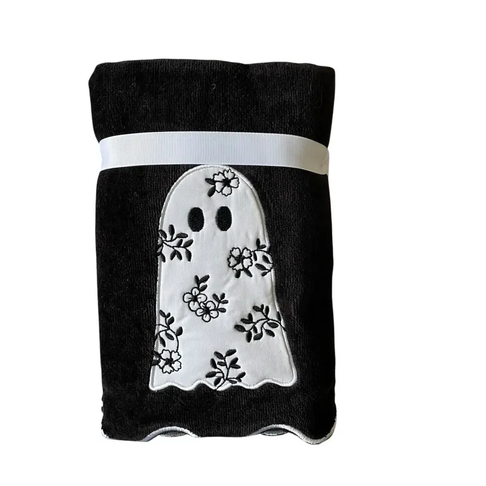 Kassa Decor  Halloween Ghost Hand Towels 18x28 Plush Black & White Set of 2 New